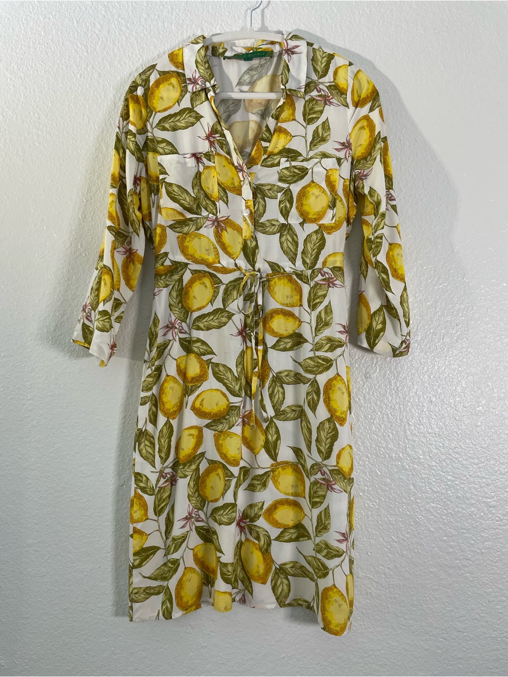 Lemon-Print Midi Shirt Dress with Tie Waist - White & Yellow